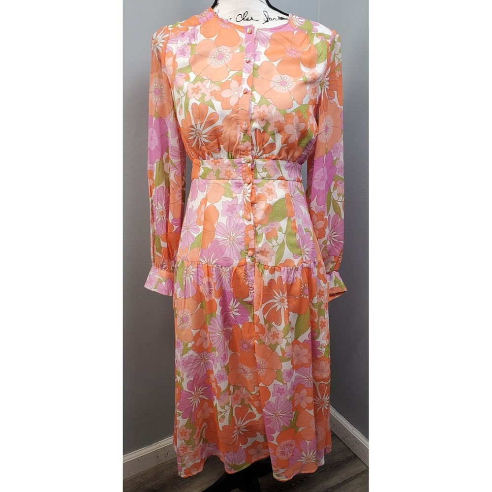 Vici Collection A-Line Dress Womens XS Multi Floral Chiffon Pleated Button Front